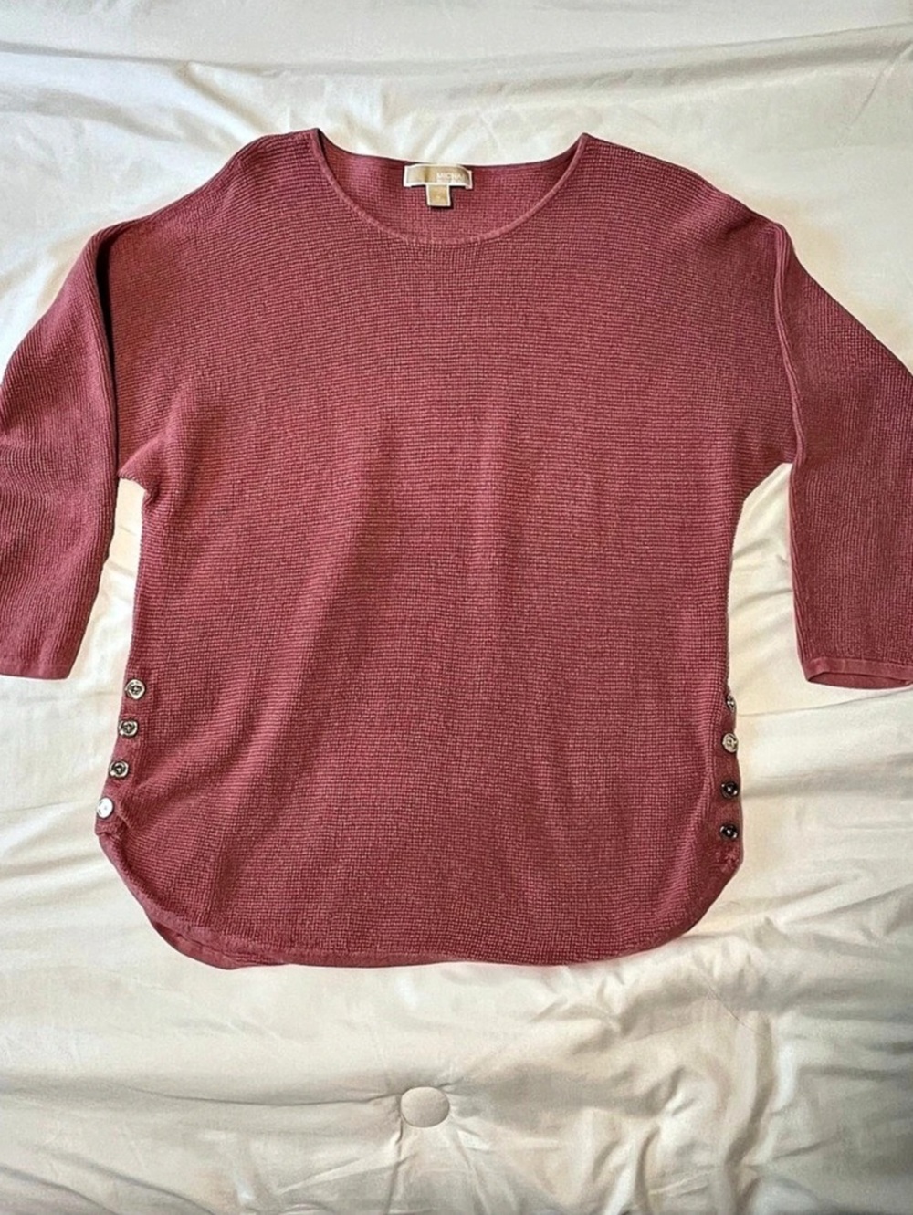 Michael Kors Waffle Knit Side-Button Tunic Sweater Pink XL